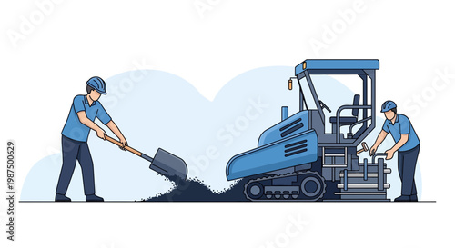 Illustration Of Road Construction, Workmen Using Machinery And Asphalt, Road Paving In Progress