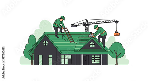 Illustration Of Roofers Constructing A House Roof With Crane And Ladder, At Work