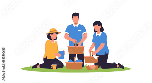 Family Enjoying Picnic Outdoors with Basket and Food Items