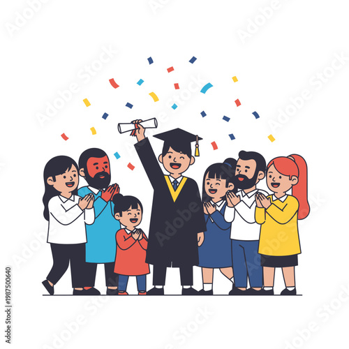Happy graduate holding diploma with cheering family and confetti