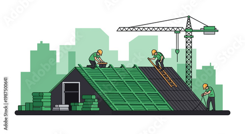 Illustration Of Roofers Working On A House Construction With A Crane In Urban Setting