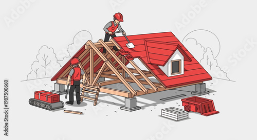Illustration Of Roofers Working On A House Construction, Building New Home Outdoors