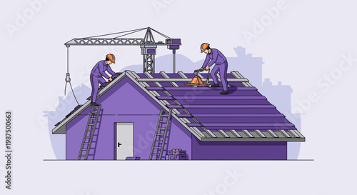 Illustration Of Roofers Working On New Construction Under Development With Crane