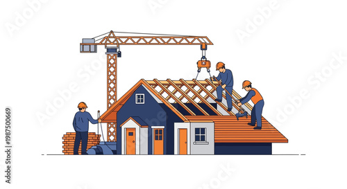 Illustration Of Skilled Construction Workers Building A House With Modern Tools