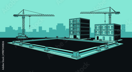 Illustration Of Under Construction Buildings With Cranes And City Outline