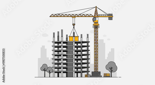 Illustration Of Under Construction Building, With Crane, In A City Environment Project