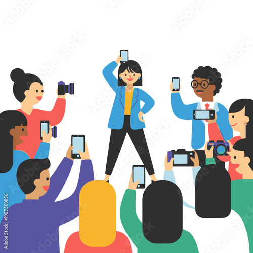 Woman posing for photographers and paparazzi with smartphones and cameras