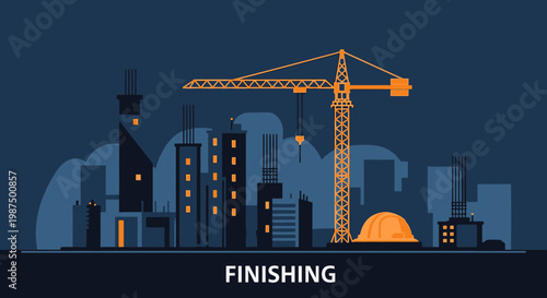 Illustration Of Under Construction City At Night With The Concept Of Finishing Work