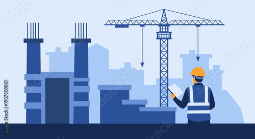 Illustration Of Under Construction Building Site With Surveyor Inspecting Development Progress