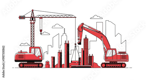Illustration Of Under Construction Buildings With Heavy Machinery And Cityscapes in Line Art