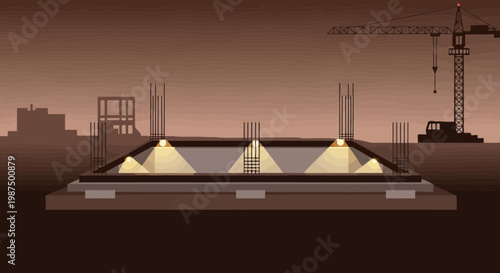 Illustration Of Under Construction Site With Cranes At Dusk and Buildings in Background