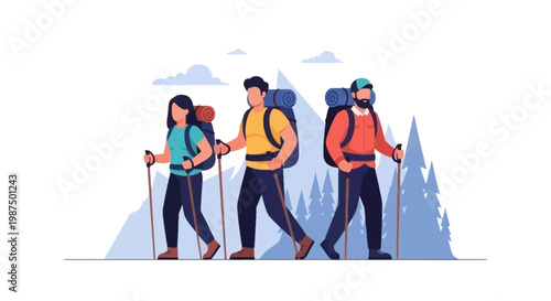 Group of Hikers Trekking in Mountain Wilderness with Backpacks and Trekking Poles