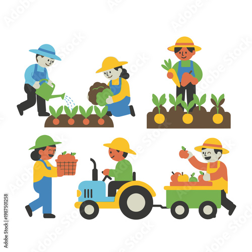Diverse farmers tending crops and harvesting vegetables with tractor and trailer