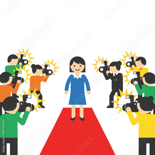 Woman on Red Carpet Surrounded by Paparazzi Photographers