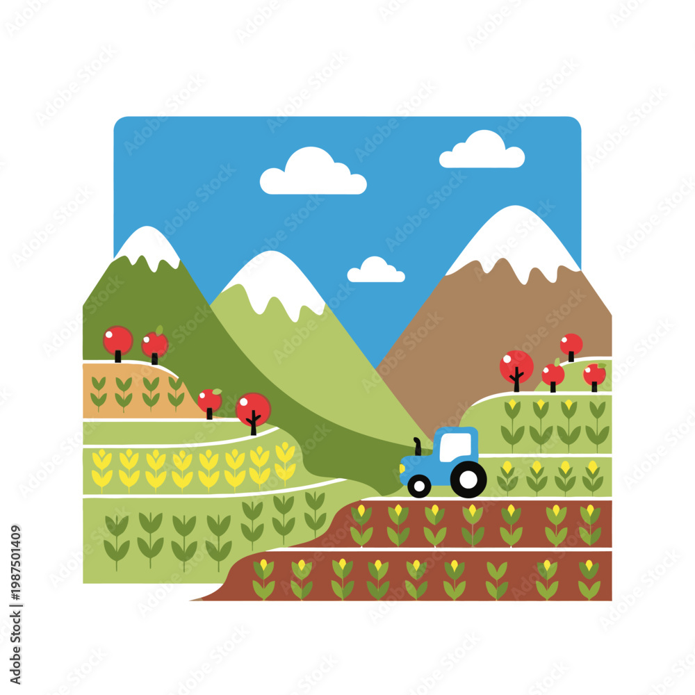 Fototapeta premium Flat style farm landscape with tractor, mountains, and crops