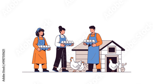 Farmer and Workers with Chickens on Farm