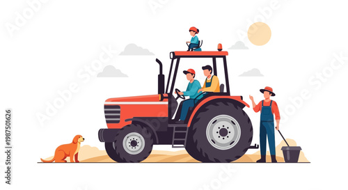 Farmers Working with Tractor in Field with Dog and Child