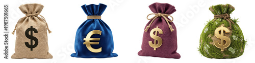 Four money bags with currency symbols on them isolated on transparent background