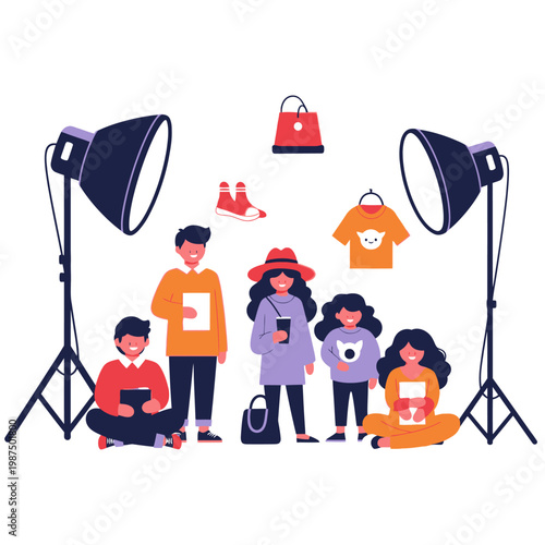 Fashion photoshoot in studio with models, lights, and clothing