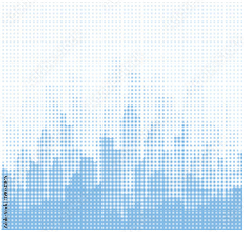 Halftone illustration of a suburban neighborhood street leading towards a modern city skyline