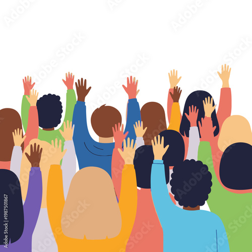 Diverse crowd raising hands, voting, participation, community, asking question, ideas