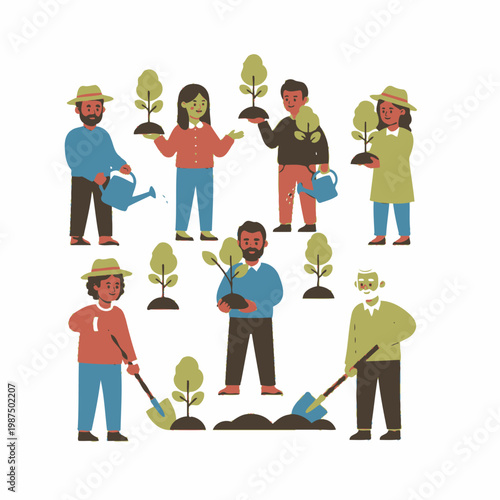 Diverse group planting trees, community gardening, environmental care, sustainability concept