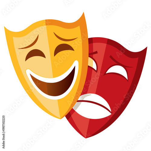 Comedy and tragedy masks isolate on transparent background, theatrical drama symbols representing happy and sad emotions