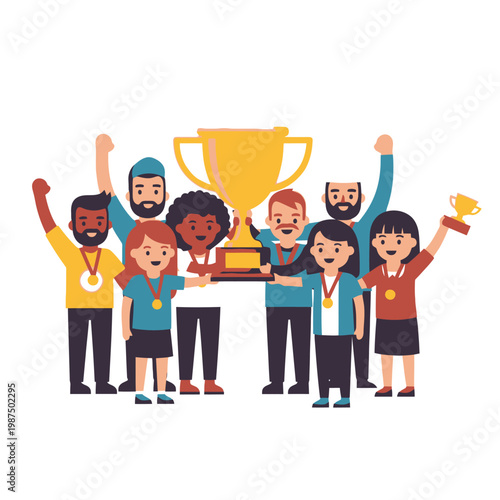 Diverse team celebrating victory with a large golden trophy and medals, achievement concept