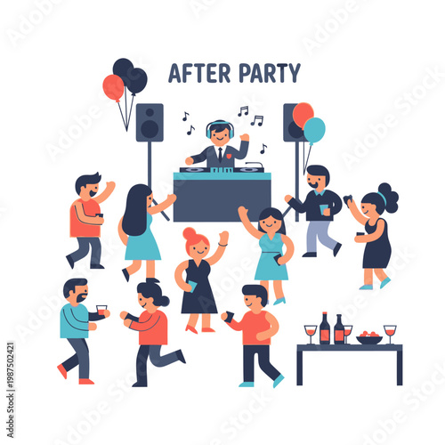 Happy people dancing at a DJ after party with balloons and drinks