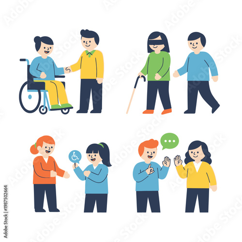 Diverse people interacting: wheelchair user, blind person, sign language conversation