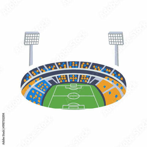 Soccer stadium with field and seating, illuminated by floodlights, isolated on white background.