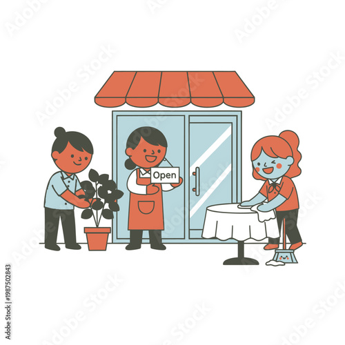 Small business owners preparing to open, cleaning and decorating shop exterior