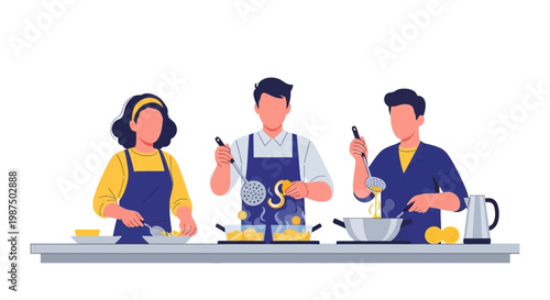 Cooking Class with Three Chefs Preparing Food in a Modern Kitchen