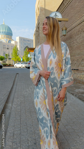 Young Woman Walking in Old City Street of Tashkent Uzbekistan