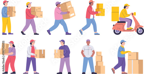 Delivery workers carrying boxes courier service logistics shipping warehouse transportation ecommerce distribution package handling flat illustration set isolated