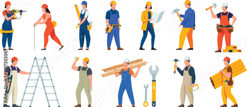 Construction workers team illustration with tools, ladder, blueprint, hammer, drill, safety helmets, industrial labor, maintenance, repair, building workforce concept