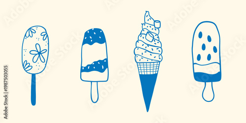 Hand drawn vector ice cream collection. Blue lie art doodle set of popsicle, soft serve cone, and gelato bar on cream background for summer design.