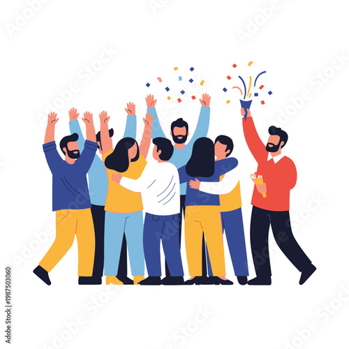 Diverse group of people celebrating success with confetti and party popper