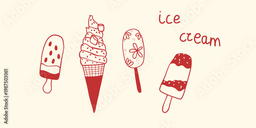 Hand drawn vector ice cream collection. Red doodle set of popsicle, soft serve cone, and gelato bar on cream background for summer design.