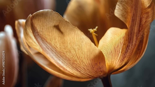 Close up view of a flower with light shining through its petals at a garden in springtime
