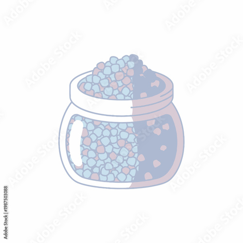 Jar of colorful candy beads with pastel blue and pink hues, isolated on white.