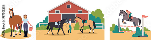 Horse riding and stable activities illustration set featuring equestrian training grooming jumping ranch lifestyle flat design countryside scene collection