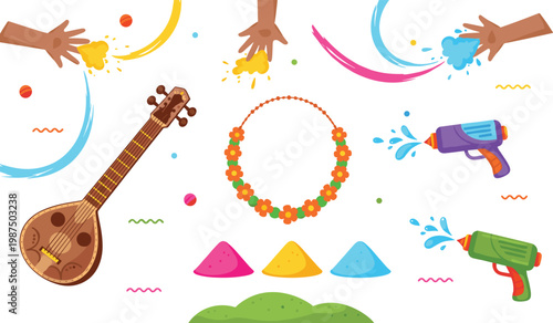 Vector illustration of Holi festival elements with colorful powders, water guns, garland, instrument, and festive splashes
