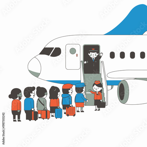 Passengers Boarding Airplane with Flight Attendant Greeting