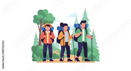 Group of hikers exploring a lush forest trail in sunny nature setting