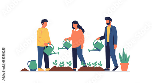 People Gardening and Watering Plants in a Community Garden