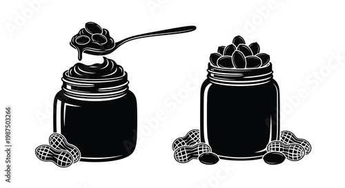 A detailed black and white illustration depicts peanut butter in jars with a serving spoon and peanuts a striking silhouette high quality professional modern elegant stylish