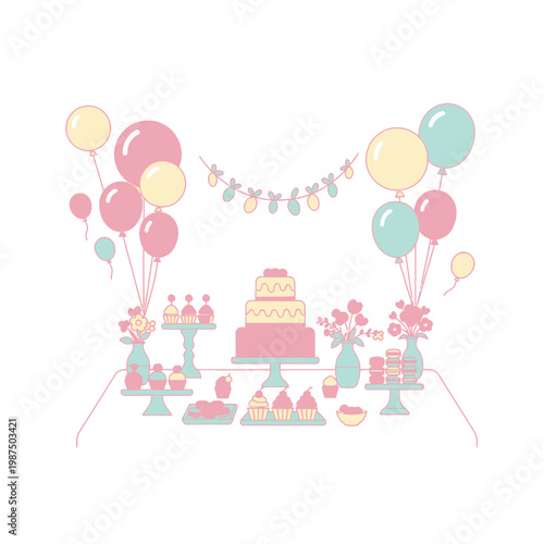 Festive Party Table with Cake, Cupcakes, Balloons, and Decorations