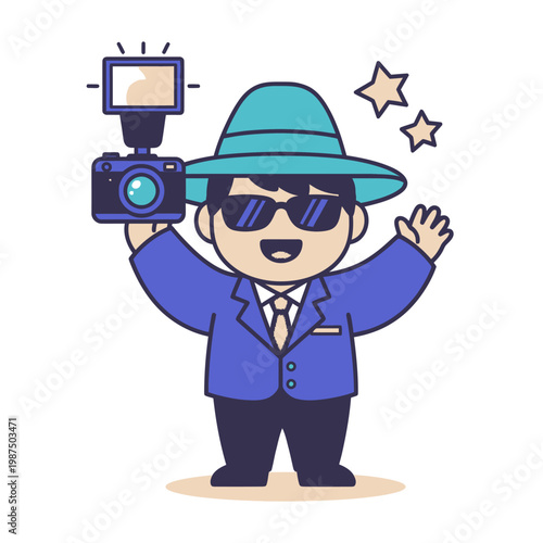 Cartoon Paparazzi Photographer with Camera and Flash, Waving Hand