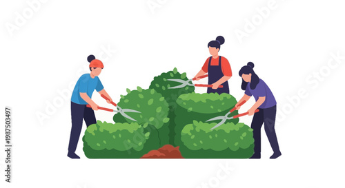 Group of Volunteers Gardening and Trimming Large Bushes in Community Park